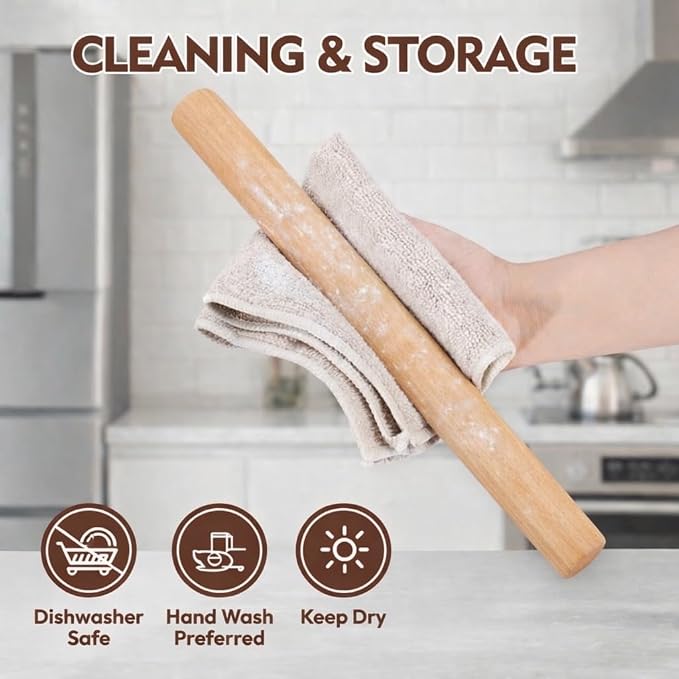 15.5 Inch Straight Rolling Pin – Lightweight Solid Wood, Unfinished & Chemical-Free, Natural Grain Texture (Not Smooth), for Pizza, Pastry, Pie – Rustic Charm, Great for Beginners