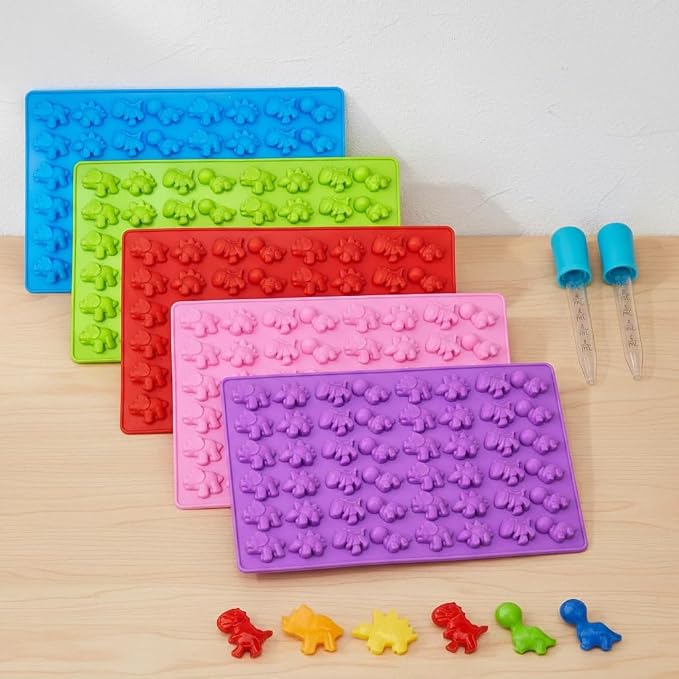 5Pcs Gummy Candy Molds - Silicone Gummy Mini Dinosaur Molds with 2Pcs Dropper,Non-stick and Bpa Free for Candy Chocolate Gummies Baking