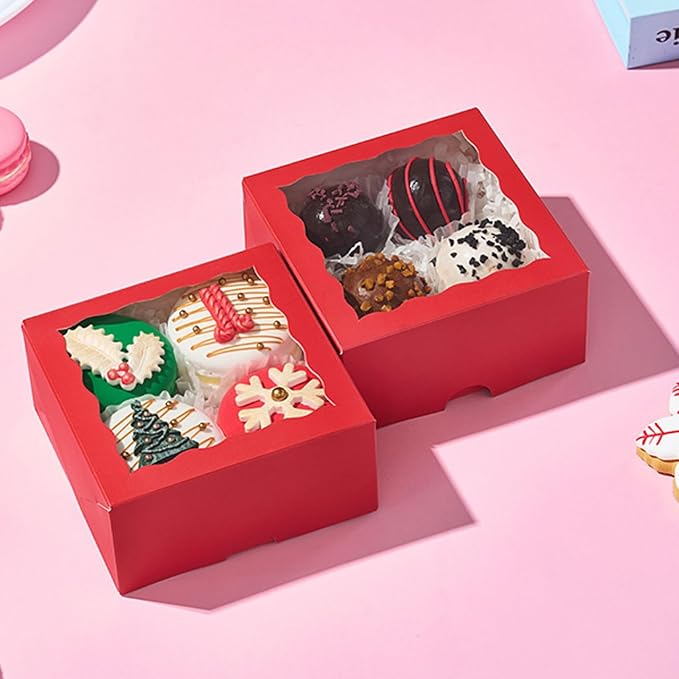 100PCS 4x4x2 inches Classic Red Bakery Boxes with Window - Macaron Cookie Chocolate Truffle Strawberry & Mini Cake Gift Boxes for Parties Valentine's Birthdays Wedding Christmas Favors