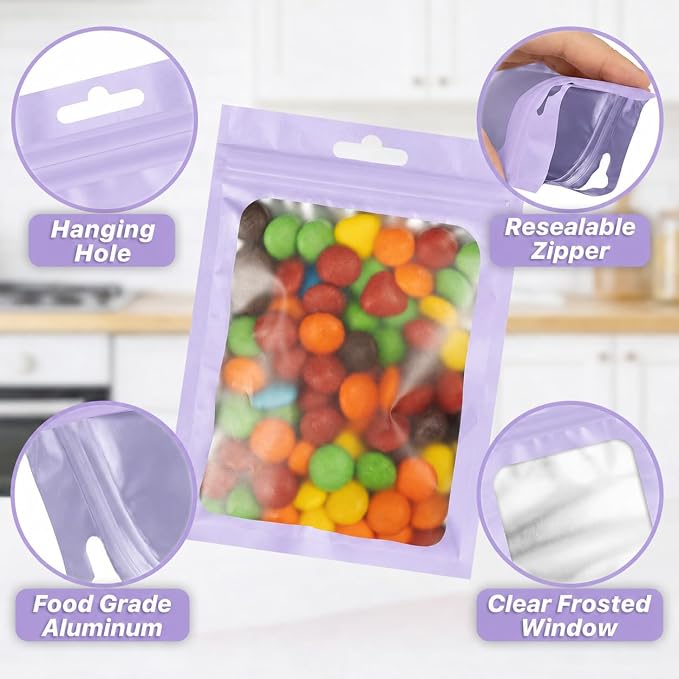 ANZNKU 100 Pack Lavender Purple Resealable Mylar Bags with Frosted Clear Window 6.29x9.44", Smell Proof Foil Pouch Bag forJewelry Candy Storage Supplies, Sealable Packaging Bags for Small Business