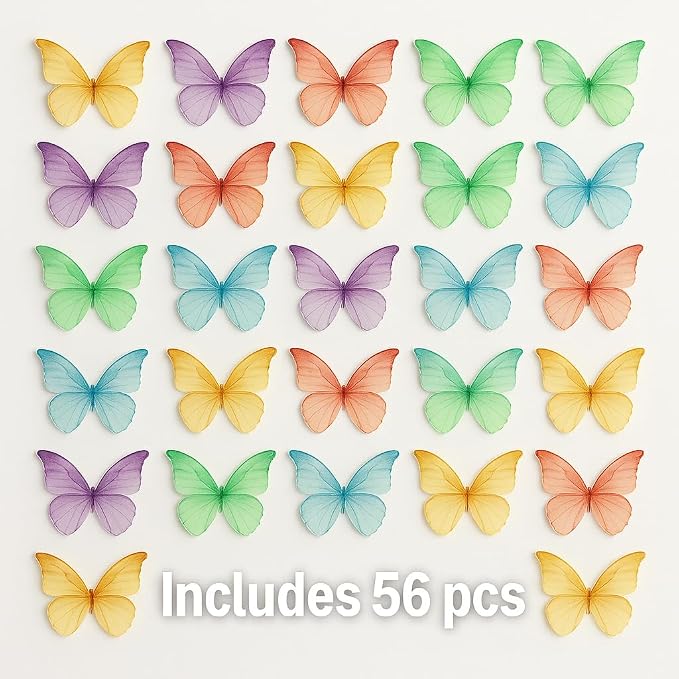 Confect Edible Wafer Paper Butterflies Set of 56 – Colorful Multi Color Butterfly Cake Decorations, Cupcake Toppers for Birthday, Wedding, Party – Edible Butterfly Toppers