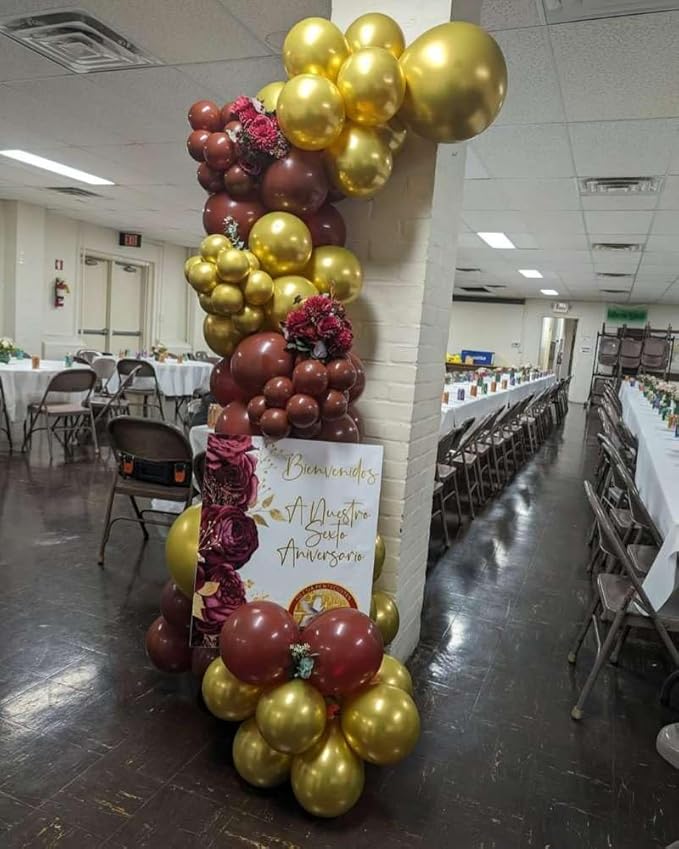 Burgundy Balloon Arch Kit, 140Pcs Burgundy Maroon Gold with Stars Balloon Garland kit, Different Size Balloons for Valentines Day Birthday Anniversary Bridal Shower Wedding Party Decorations