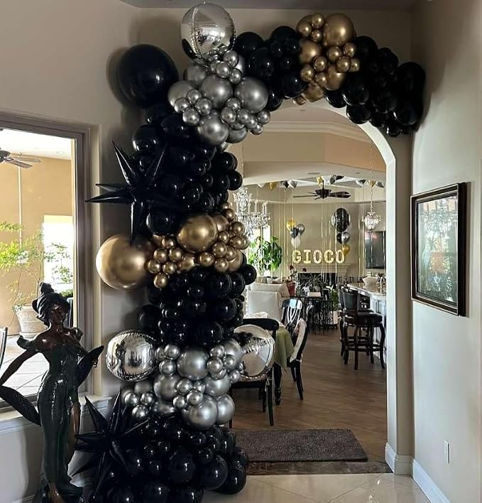 Black Gold and Silver Balloon Arch Garland Kit 153pcs with Star, 22 18 12 10 5in Different Size Black Gold Sliver Balloons for Birthday Anniversary 2026 Graduation New Year Party Decoration