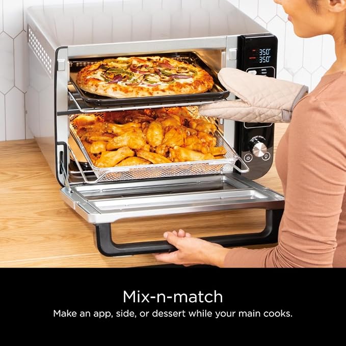 Ninja DCT401 12-in-1 Double Oven with FlexDoor, FlavorSeal & Smart Finish, Rapid Top Convection and Air Fry Bottom, Bake, Roast, Toast, Air Fry, Pizza and More, Stainless Steel (Renewed)