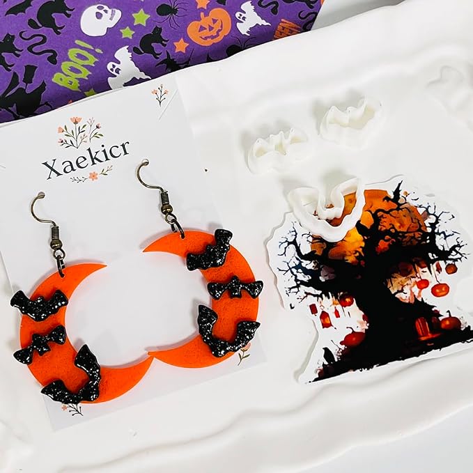 Xaekicr Halloween Moon Bat Polymer Clay Cutters Set – 4pcs Clay Earring Cutters for DIY Polymer Clay Jewelry Making, Clay Tools and Molds for Earrings