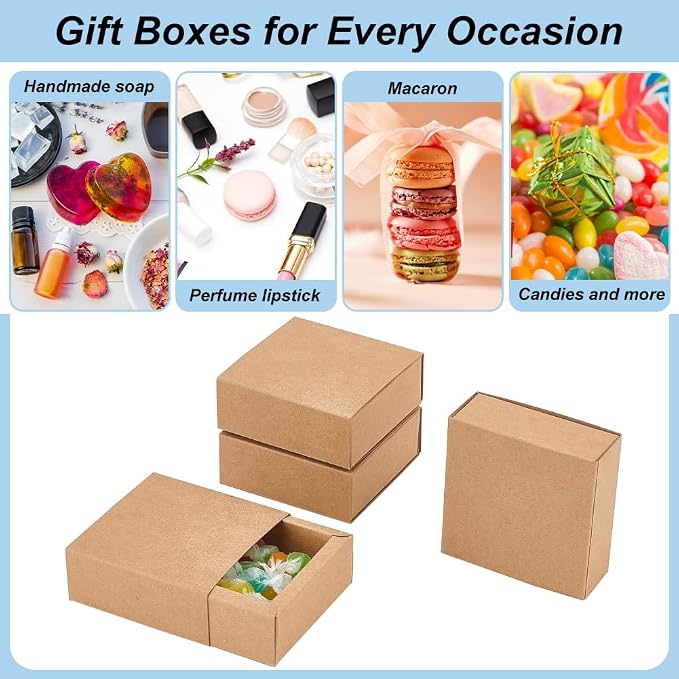 BENECREAT 20 Pack Brown Kraft Paper Drawer Boxes, 3.2x3.2x1.2 Inch Square Kraft Paper Gift Box Cookie Boxes for Wedding Party Gifts, Jewellery Packaging