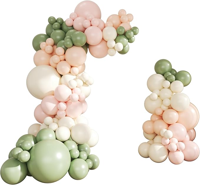 Sage Green Pink Balloon Arch kit,124Pcs Pastel Pink Green Sand White Peach Balloon Arch Graland Kit for Baby Shower Wedding Bridal Birthday Gender Reveal Party Decorations