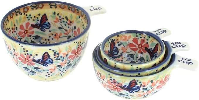 "Blue Rose Polish Pottery - Red Daisy Measuring Cup Set - 1 Set - Ceramic Nesting Measuring Bowls for Baking, Cooking & Kitchen Prep"