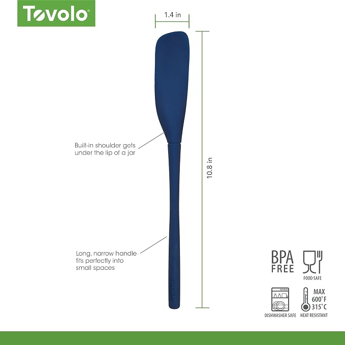 Tovolo Silicone Jar Spatula Long Handled Rubber Scraping Scooping Tool for Peanut Butter Jam Jelly Jars Blenders, Extra Long Flex Core Silicone Jar Scraper Dishwasher Safe BPA Free, Deep Indigo