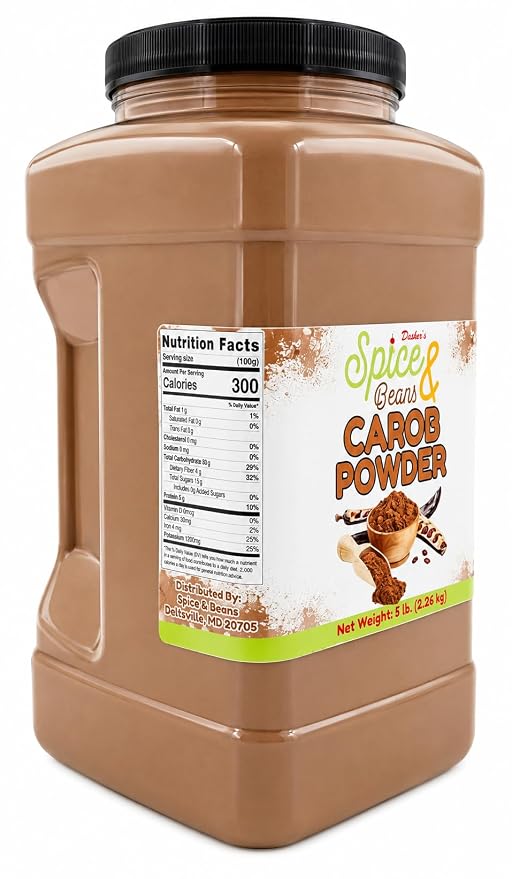 Carob Powder 5 lb | Naturally Sweet Cocoa Alternative | Baking, Smoothies, Drinks, Desserts & Chocolate Substitute Recipes | Bulk Resealable Container | Dasher's Spice & Beans