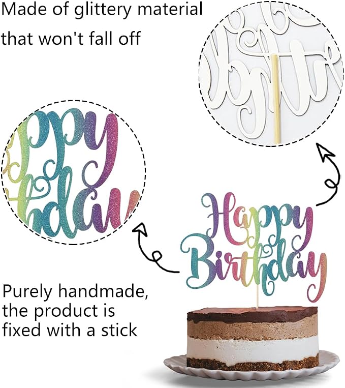 Gradient color Happy Birthday Cake Topper- Glitter Happy Birthday Cake Decor, Handmade Anniversary/Birthday Party Supplies (Color)