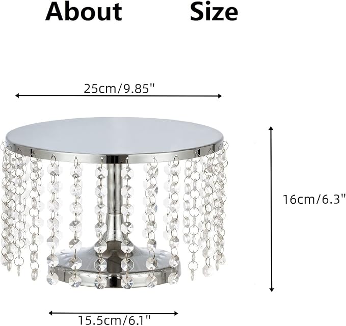 Cake Stand for Dessert Table 10 Inch Silver Crystal Pendants Metal Cake Stand Serves as A Round Dessert Cupcake Display Plate for Table, Wedding, Party, Event