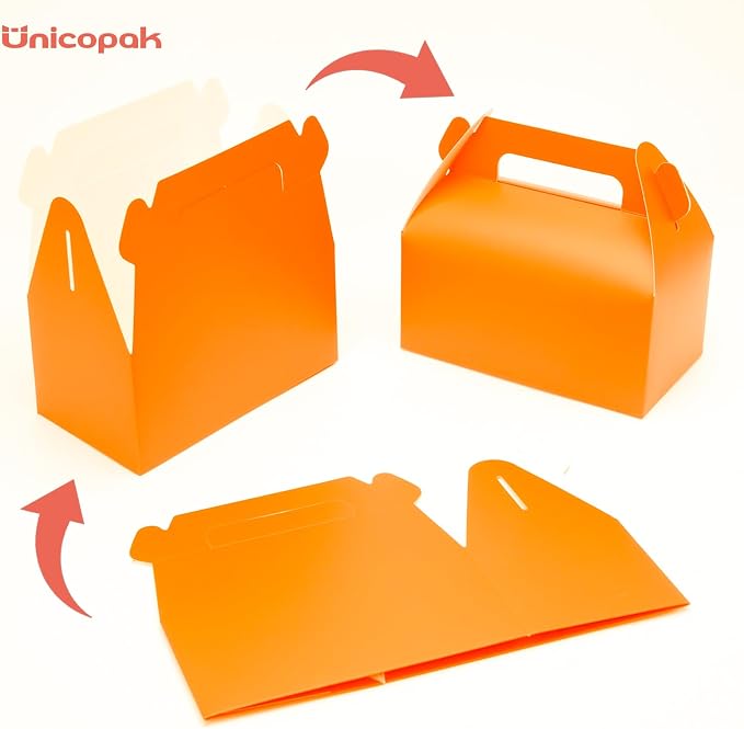 UnicoPak 30 Pack Orange Party Favor Bag Boxes, Gable Gift Boxes for Candies Treats Goodies Cookies, Ideal for Orange Party Favors, Themed Birthday Party, Valentine's Day, 6.5x3.5x3.5 Inches
