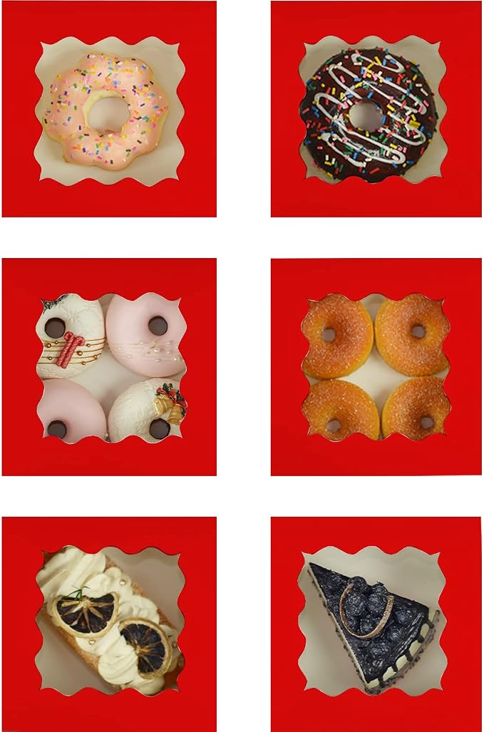 Bakepacker 60pcs Red Cookie Boxes 6x6x3 inches Easy Assemble Macaroon Pastry Boxes Bakery Boxes with Window for Bakery