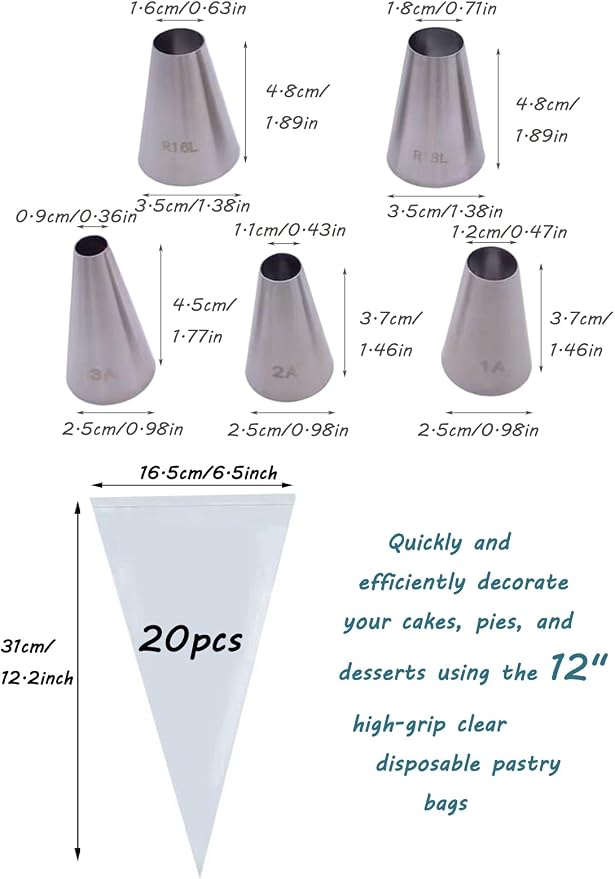 Large Round Piping Tips Set with 20 Disposable Bags – Includes #1A, 2A, 3A, R16L, R18L Icing Tip for Macarons, Cupcakes, Swirls & Cake Filling
