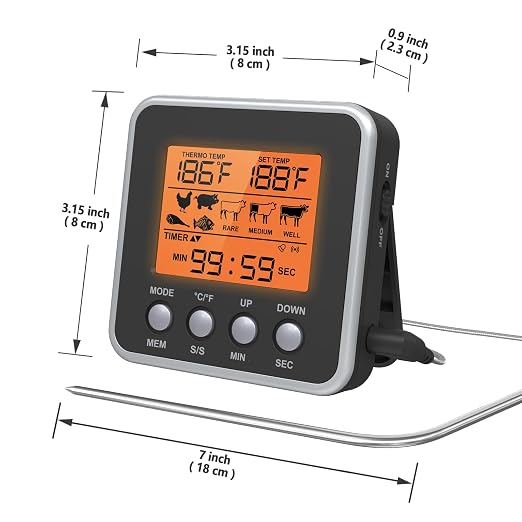 Digital Meat Thermometer for Oven, Food Thermometer with Large LCD, Backlight, Kitchen Timer, Temperature/Time Alarm for Smoker, BBQ, Barbecue, Cookware