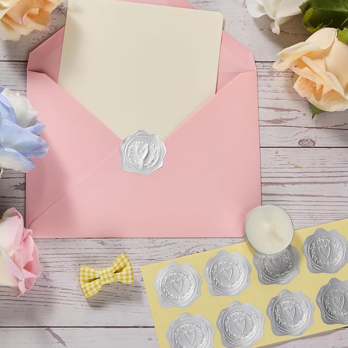 300 Pieces Embossed Gold Foil Stickers, Silvery Heart-Love | For Envelopes, Wedding Invitations, Christmas Greeting Cards