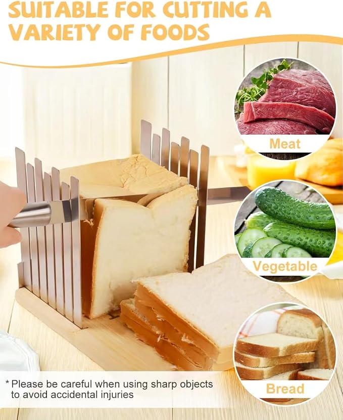 Bread Slicer for Homemade Bread, Adjustable Stainless Steel Bread Slicing Guide Bamboo Bread Slicer for Sandwich Toast Bread Bagels Cake