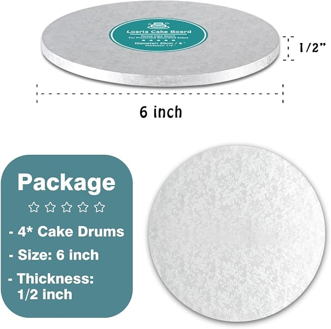 Silver Cake Drum Round 6 Inch Cake Boards with 1/2-Inch Thick Smooth Edges for Multi Tiered Birthday Wedding Party Cake Drums Board