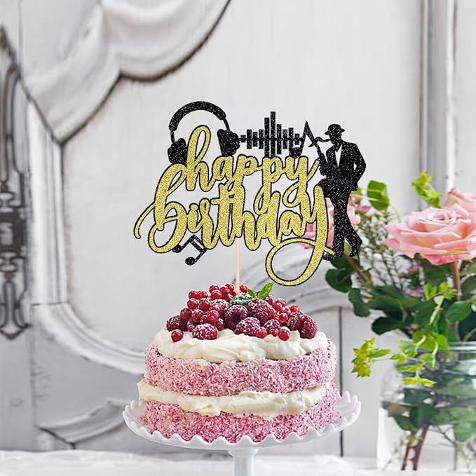 Saxophone Happy Birthday Cake Topper-Black Gold Glitter Saxophone Music headphones Cake Decorations,Music Lover Theme Birthday Party Supplies