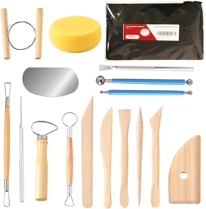 S & E TEACHER'S EDITION 17 Pcs Pottery & Clay Sculpting Tools, Double-Sided, Ceramics Tools Smooth Wooden Handles for Trimming, Embossing Pattern.
