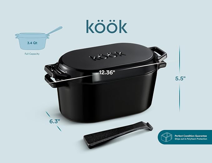 KooK Dutch Oven with Lid, Enameled Cast Iron Bread Baker, Dual Handles, 3.4 Qt, Oval, Includes Banneton Proofing Basket with Liner, Artisan Sourdough Bread Baking Set
