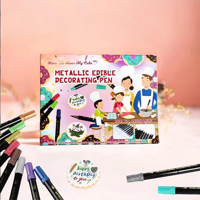 ZJSJSP Edible Metallic Markers,Food Shimmering Color Pen,Fine and Thick Tip Food Upgrade for Cookies/Cakes/Fondant/Baking Decorating/Drawing (10 Color, 10PCS)