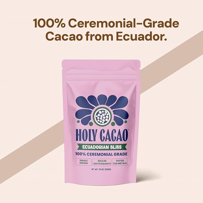 Holy Cacao Ecuadorian Bliss Organic Ceremonial Grade Cacao Powder – 100% Pure Single Origin Heirloom Ecuadorian Cacao, Antioxidant Rich Superfood Drink Mix, Vegan, Gluten Free, Non GMO, Unsweetened Cocoa Powder, 10 oz