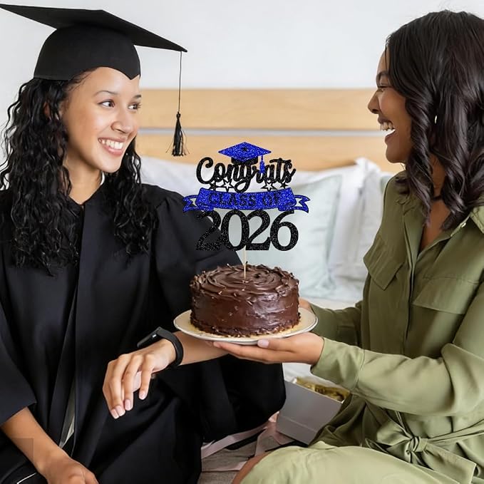 Glitter Class of 2026 Cake Topper,Congrats Grad Decorations, 2026 Happy Graduation High School/College/University Graduation Party Supplies Black and Dark Blue