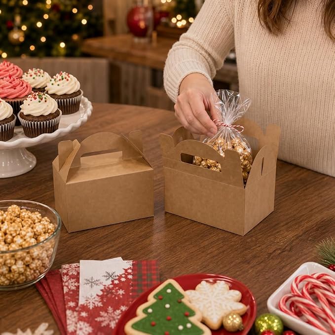 Aosric Small Kraft Gable Boxes 3.5 x 3.5 x 6.3 In, 30 Pack | Premium Kraft Cardstock Favor Boxes with Handles for Bakery, Small Business Packaging, Cookies, Party Treats & Farmers Market