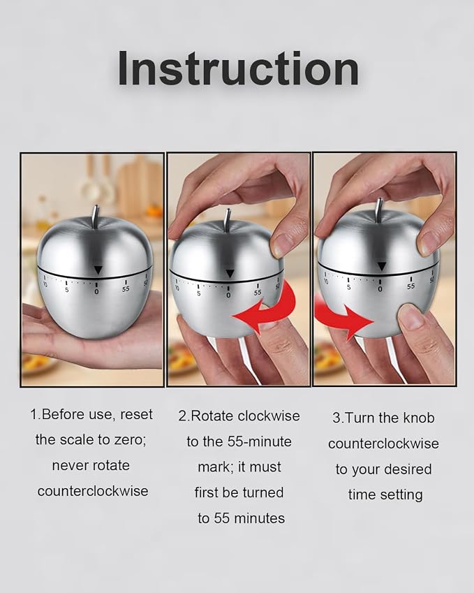 Kitchen Timer for Cooking, 60 Minutes Mechanical Timer - No Batteries Required, Stainless Steel Apple-Shape Cute Countdown Clock for Cooking, Learning, Exercises, Gaming