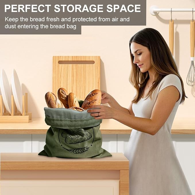 Linen Reusable Bread Bags for Homemade Bread & Sourdough - 2 Pack Breads Bags - 15x12 Inch - Perfect for Baking, Proofing & Fresh Storage - Breads Storage Solution (Green and white)