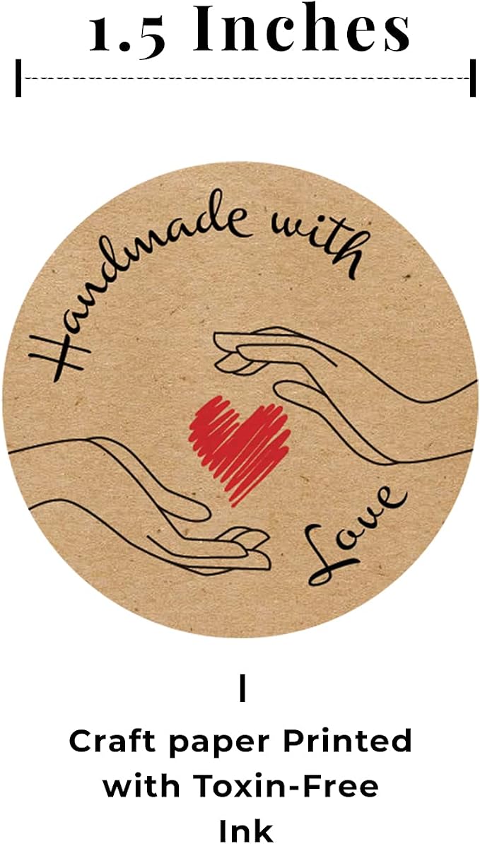 Handmade with Love Stickers Roll | 500 Count | 1.5 Inch | Adhesive Label | Baked with Love | Handmade with Love | Made with Love | Candle Packaging Labels | Homemade Soap | Jar Stickers