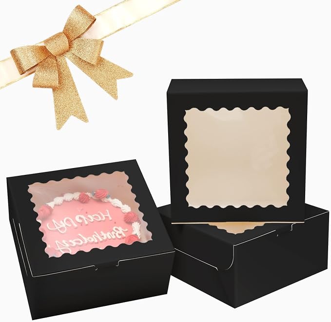 Bakepacker 36pcs 6x6x5 Inches Cake Boxes with Window 18-Packs Black 6 Inch Bakery Boxes (18 Cake Boxes +18 Cake Boards Included)