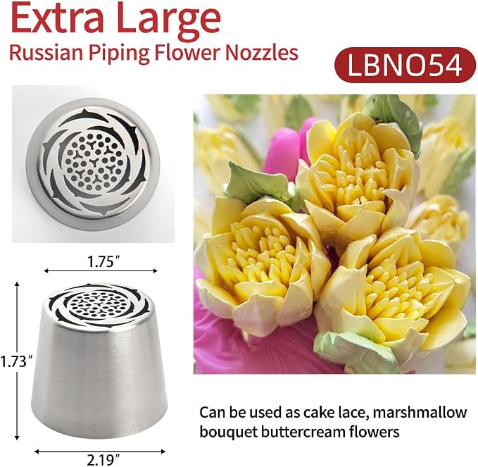 12-Piece Extra-Large Russian Flower Piping Tip Set, Stainless Steel Rose and Tulip Piping Tips for Cake Decoration, Including 10 Extra-Large Flower Tips, 1 Leaf Tip, and 1 Brush