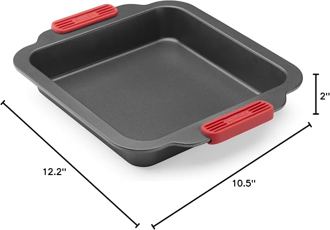 Lékué Non-Stick Square Cake Mold - Carbon Steel Oven Baking Pan with Platinum Silicone Handles, Dual Non-Stick Ceramic Coating, Even Heating, Scratch Resistant, PFOA & PFA-Free, 12.2 x 10.5 x 2"
