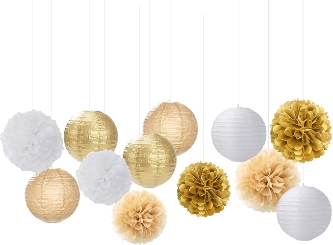 White Gold Party-Decorations Paper Flowers Lanterns - 15PCS Engagement Birthday Graduation Wedding Tissue Pom Poms Streamers,Neutral Bachelorette Baby Bridal Shower Hanging Supplies Decor Hugfond
