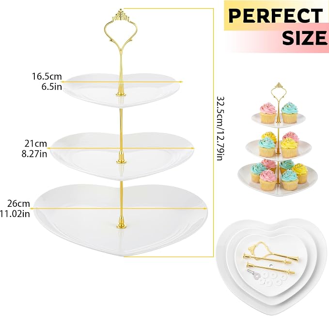 Layhit 1 Pack Wedding 3 Tier Cupcake Stand Heart Shaped 3 Tiered Serving Trays for Party Plastic Tray Dessert Cupcake Stand for Tea Party Baby Shower Wedding (White)