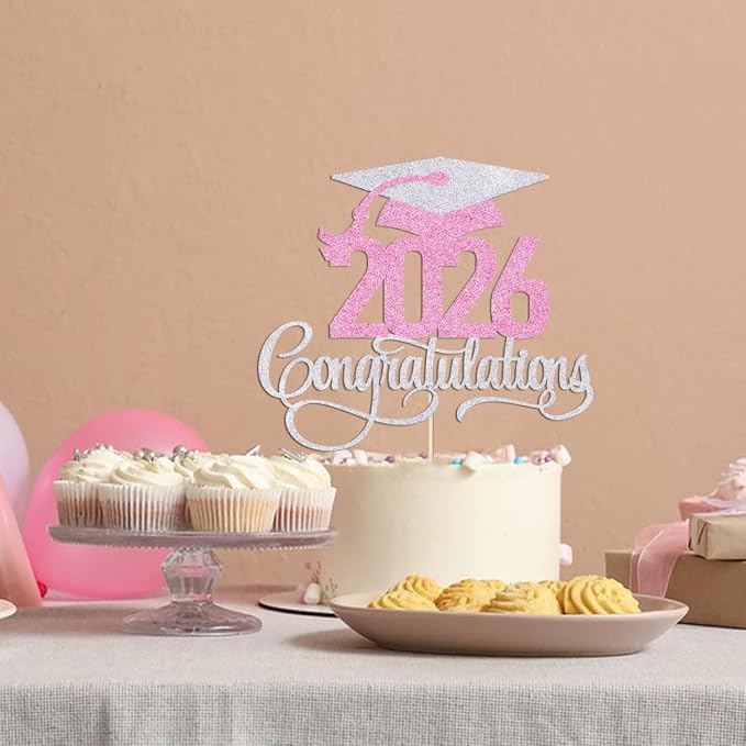 Silver pink 2026 Congratulations Graduation Cake Topper,Congrats Grad Cake Decor - 2026 High School/College/Senior Graduation Party Decorations Supplies