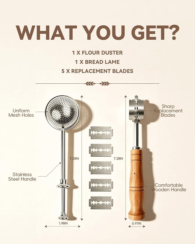 Bread Lame and Flour Duster Set, 304 Stainless Steel Bread Scoring Knife | 5 Razor Blades & Leather Cover, Professional Sourdough Baking Supplies