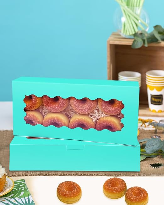 qiqee 50 Packs Mint Blue Cookie Box with Window 12x5.5x2.5 Inch Two Uses Pastry Biscuit Bakery Box For Packaging
