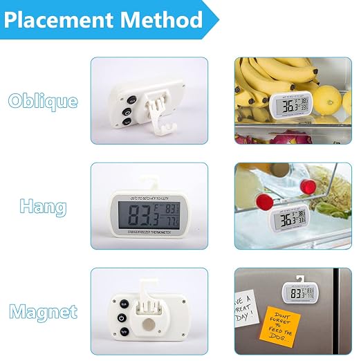 Refrigerator Thermometer Digital Fridge Freezer Room Thermometer Waterproof Large LCD Display Max/Min Record Function White (12)