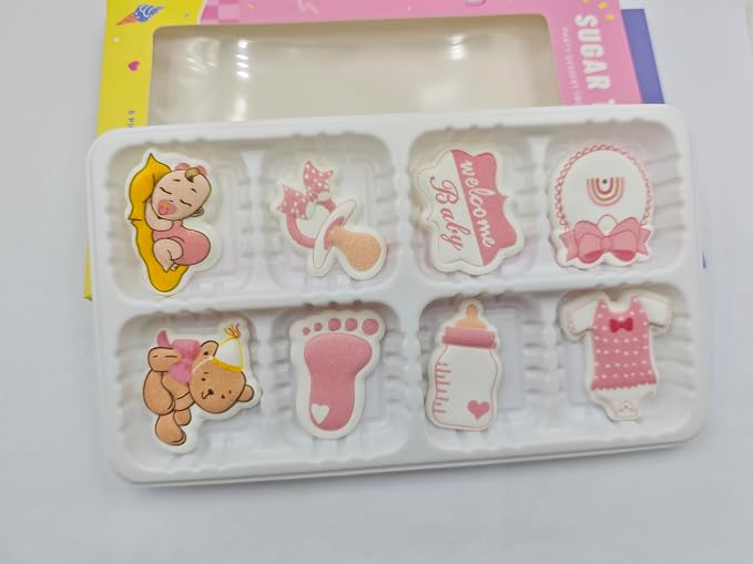 Edible 8 pieces Baby Shower for Baby Girl cake decorations, cupcake toppers, perfect Icing Cookies decro for Birthday Reveal party Team Dinner