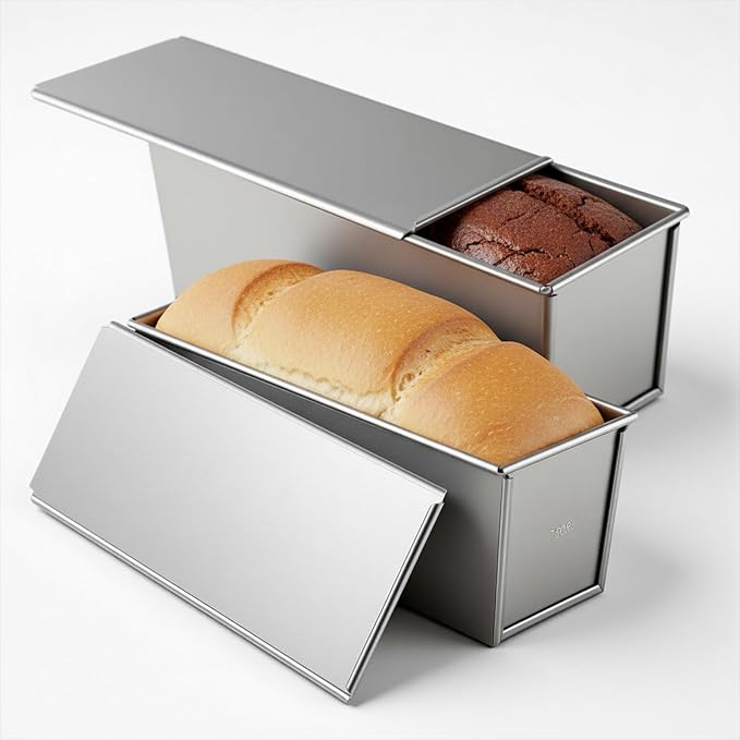 2 Pcs Pullman Loaf Pan with Lid, 13x4 Inch 2lb Dough Capacity Non-Stick Bread Baking Pan for Sandwich Bread, Toast, Sourdough and Homemade Baking, Silver