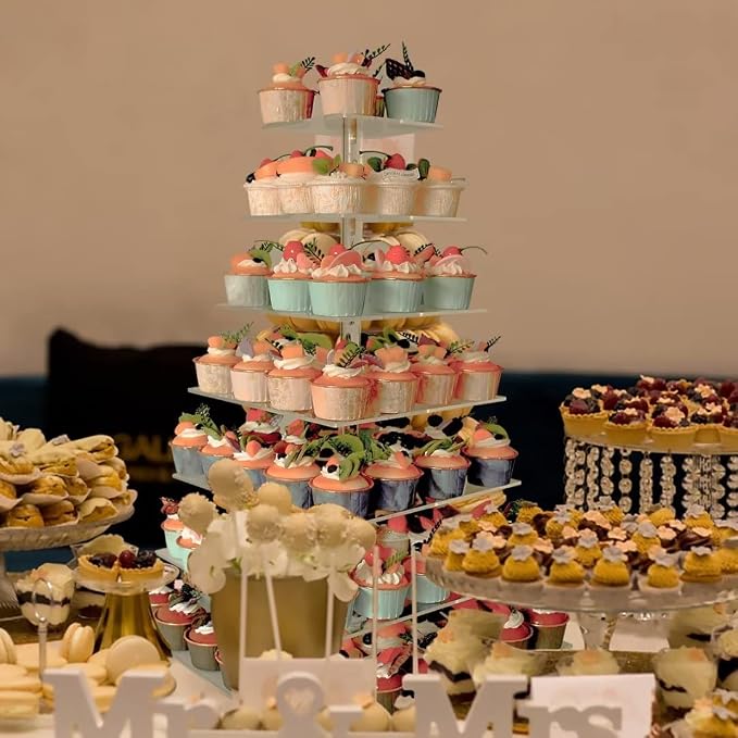 7 Tier Cupcake Stand for 100 Cupcakes, Cake and Cupcake Combo Dessert Tower Holder, Clear Acrylic Cupcake Riser, Large Pastry Cupcake Display for Birthday Wedding Party…