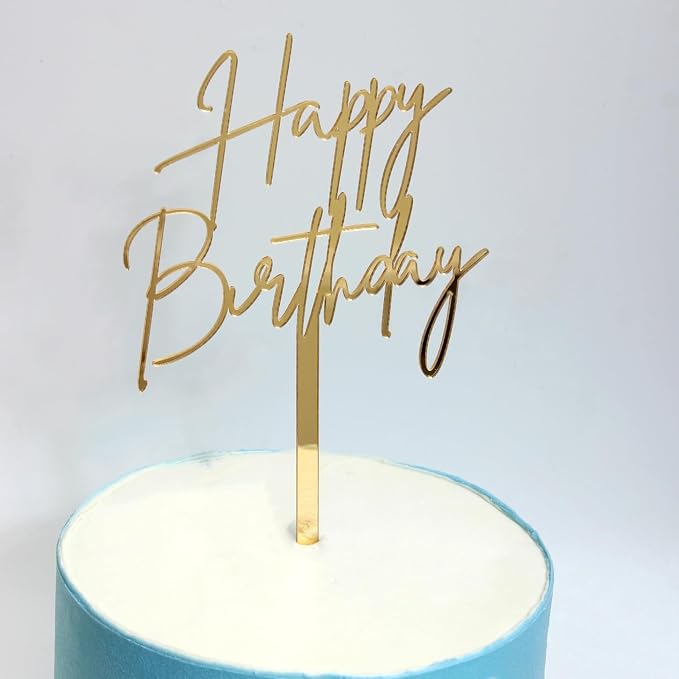 1PCS Gold Happy Birthday Cake Topper, 4.3 x 7.4 Inches Mirrored Gold Acrylic Versatile Cake Decorations, Mirror Acrylic Cake Topper for Birthdays, Anniversaries, Birthday Party Decoration Ideas