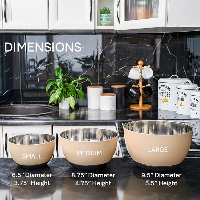 WHYSKO Stainless Steel Mixing Bowls Set of 3 with Non-Slip Silicone Base, Nesting Metal Bowls for Meal Prep, Baking, Cooking & Food Storage, Dishwasher Safe Kitchen Mixing Bowls, Tan
