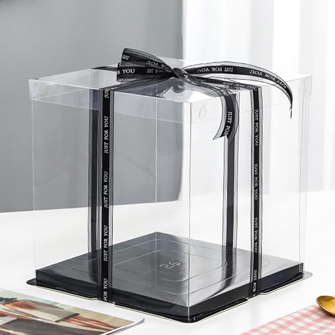 6 Pack Clear Cake Box with Ribbon, Tall Cake Carrier for 2-Layer Cake Holder, 10x10x9 inches Transparent Gift Boxes for Pastries with Lid and Black Board, Display Wedding Gift Packaging
