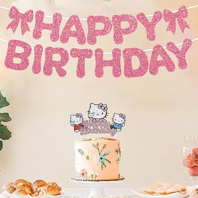 Birthday Cake Decorations, Cute Pink Glitter Happy Birthday Cake Toppers, Cartoon Party Supplies