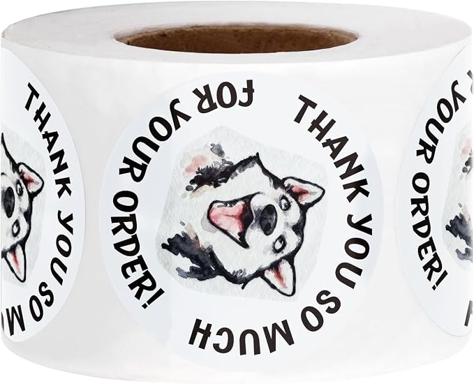 WRAPAHOLIC 2 Inch 500 Total Business Stickers Roll - Funny Husky Dog Design, Thank You Lables, Shipping Stickers for Baby Shower and Party Decorations